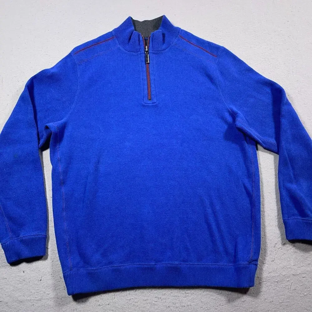 Tommy Bahama Sweatshirt Men Medium Gray Blue Reversible Pullover Preppy Casual‎